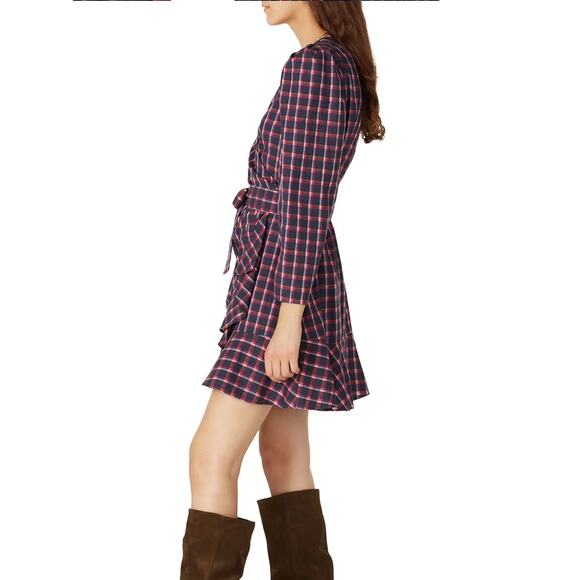 Tanya Taylor Plaid Mini Wrap Dress Blue Purple Size 4 Designer Romantic $475 - Picture 2 of 10